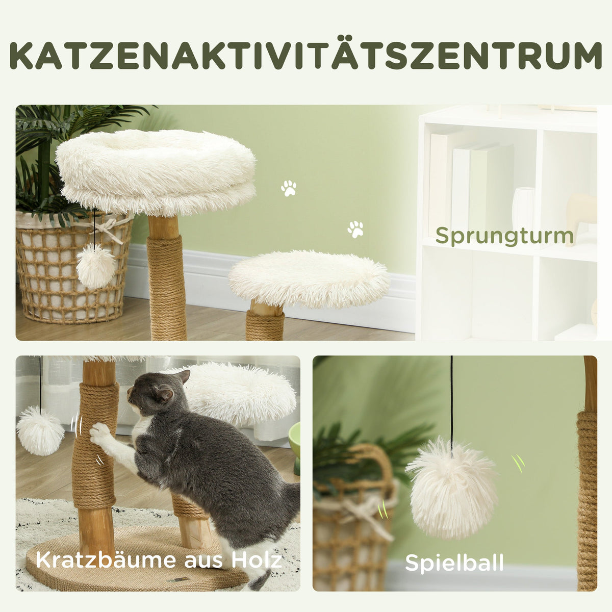 Cat Tree, Play Ball, Beds, Scratching Board, Pearwood White