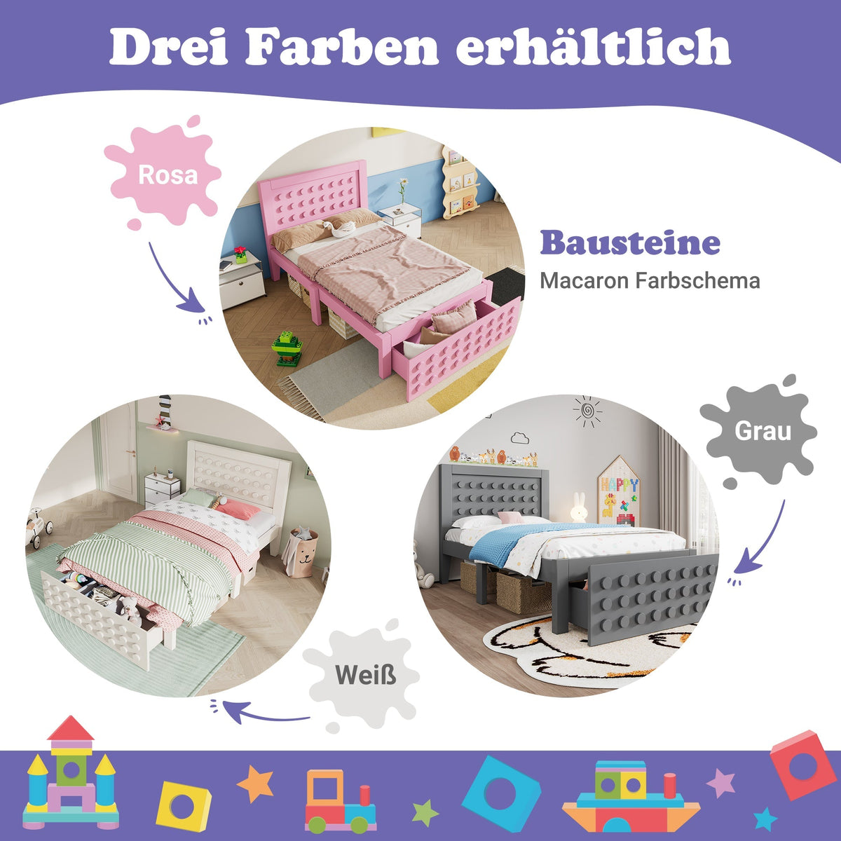Wooden Single Bed, 90x200 cm with Drawers, Pink