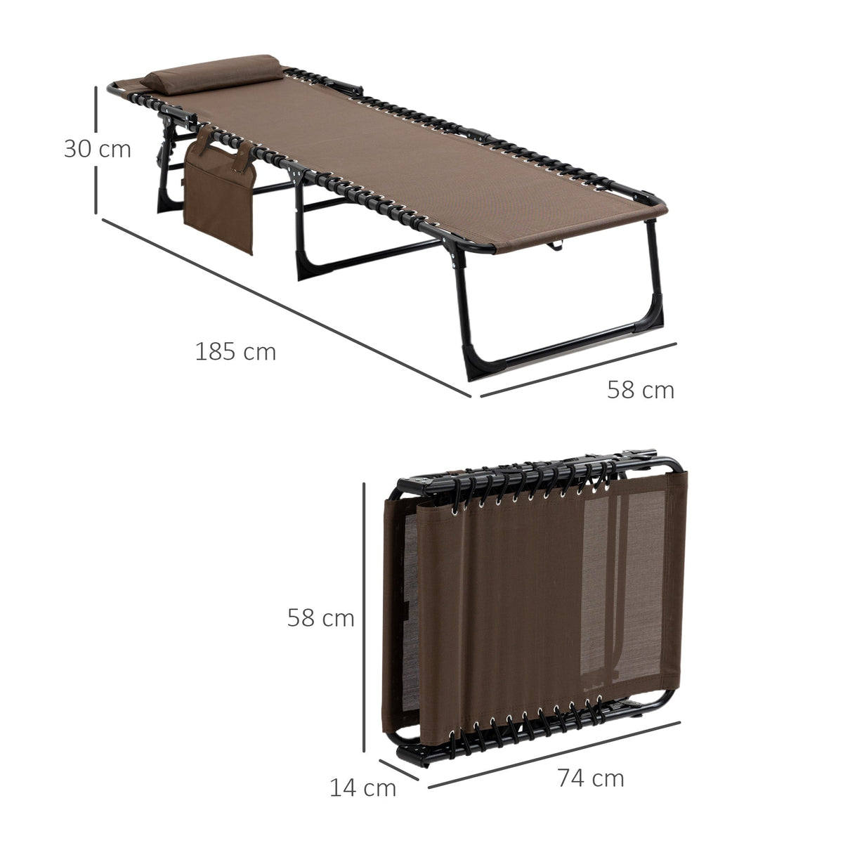 Folding Sun Lounger with Headrest & 5-Position Adjustable Backrest, Brown