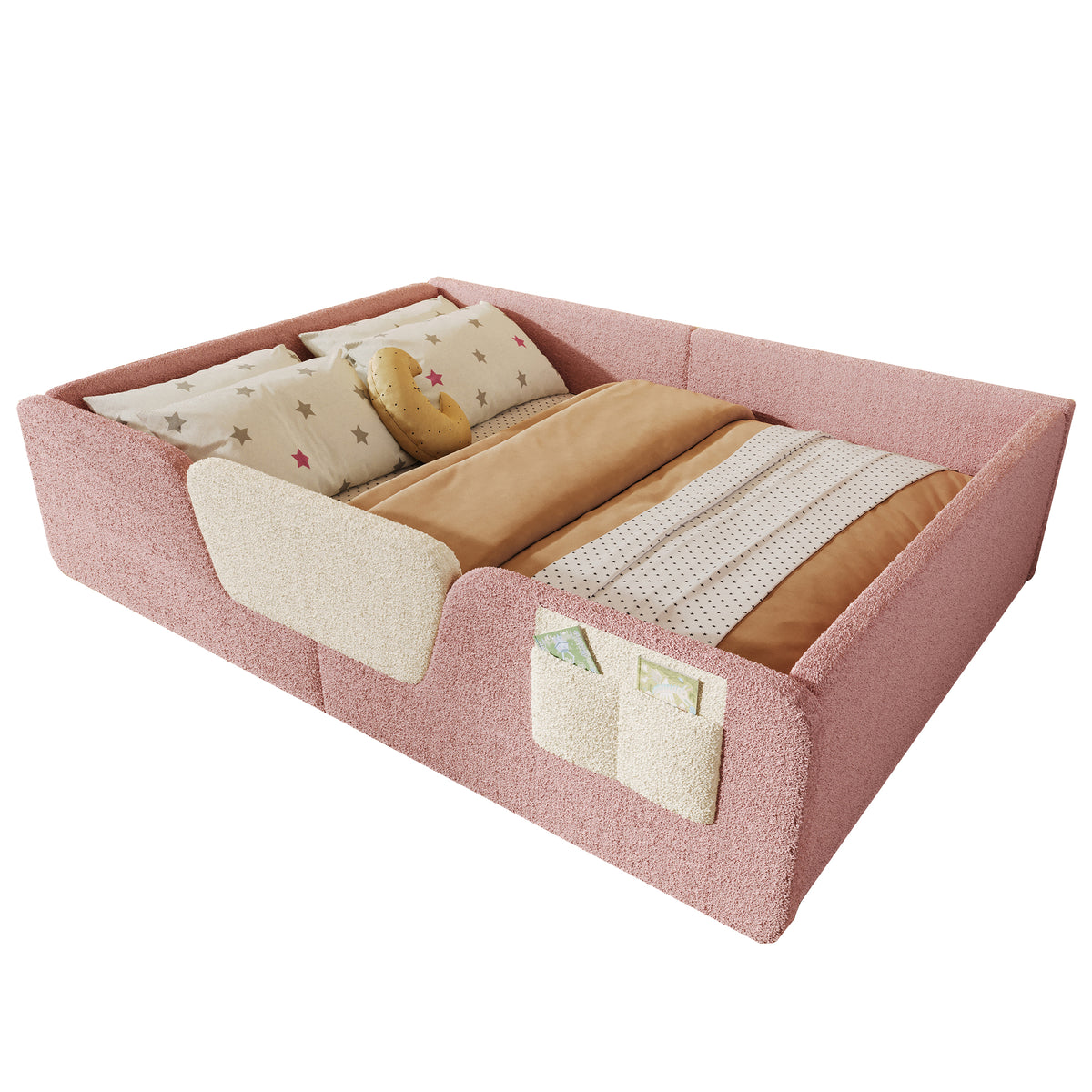 Upholstered Bed 140x190cm with Safety Rails, Pink Velvet