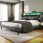 Upholstered Double Bed Frame with Storage Headboard, USB & LED, Grey