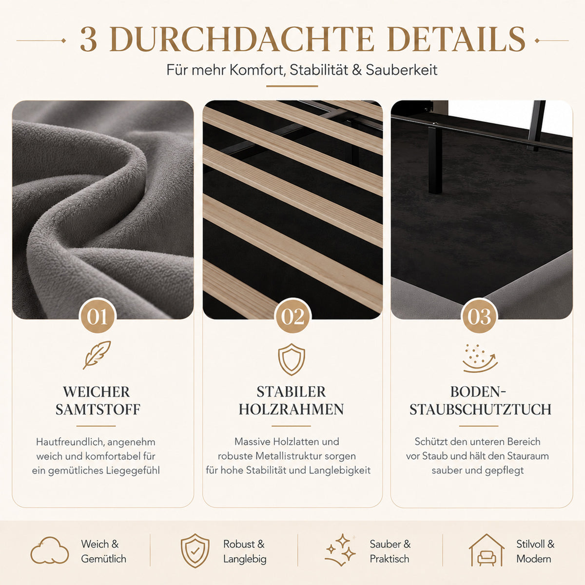 Upholstered Bed 140x200cm with Storage & LED, Velvet Dark Gray