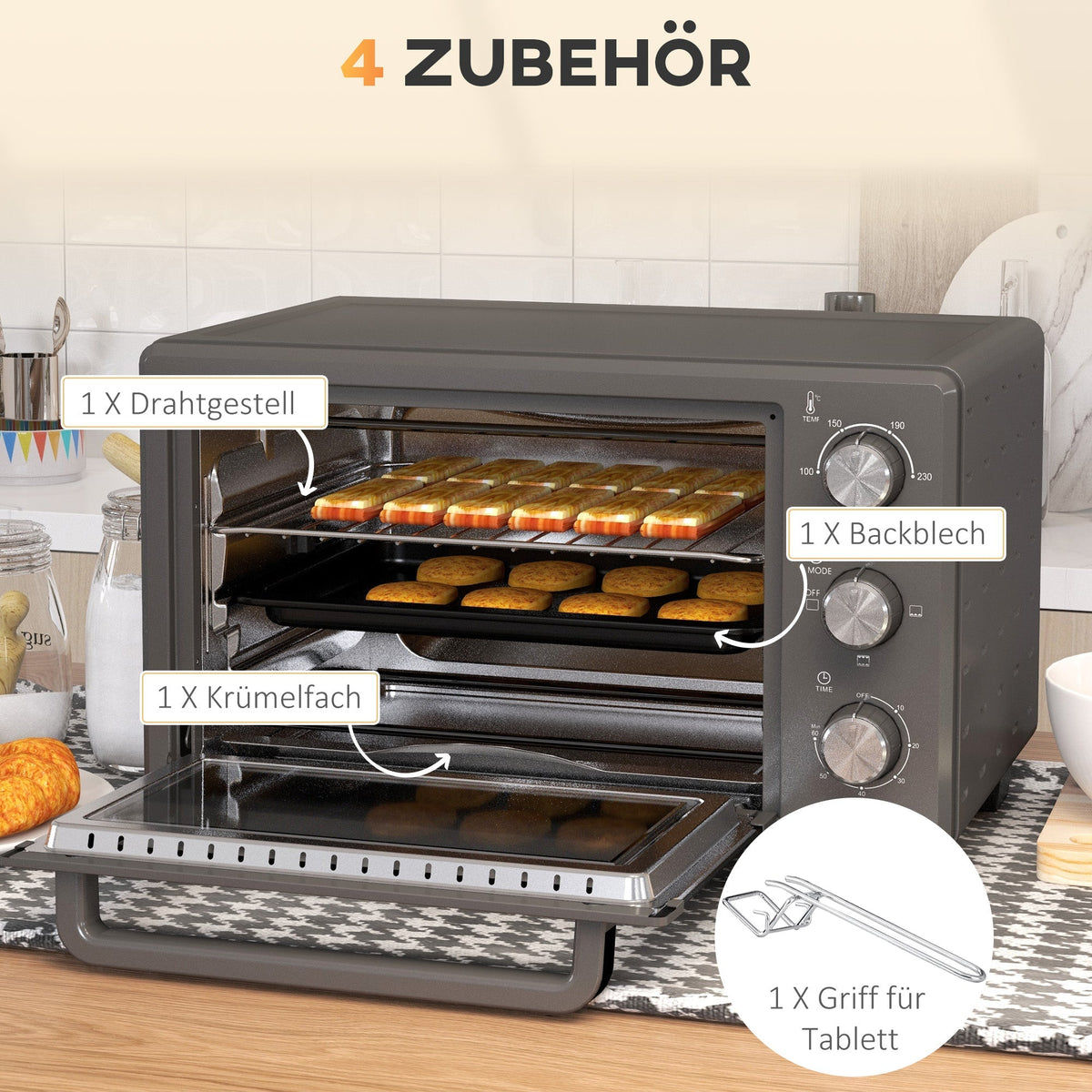 Mini Oven, 21L 1400W 60 Min. Timer, Stainless Steel, Gray