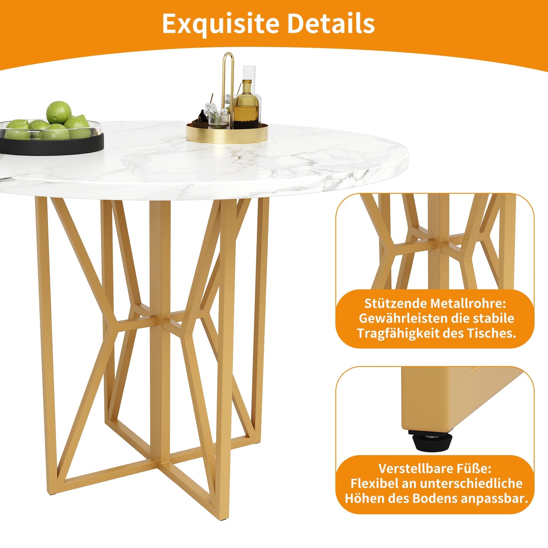 Round Dining Table 80cm 4-6 Seater Gold Legs - Marbled MDF