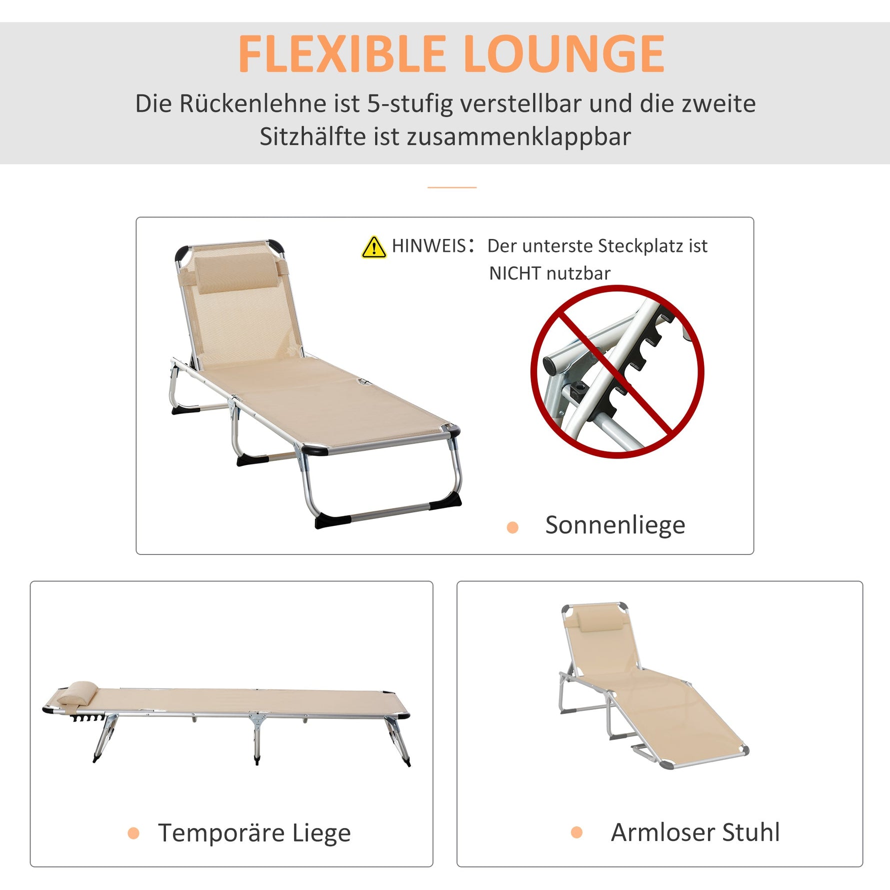 Garden Lounger 5-Way Adjustable Foldable Ergonomic, Aluminum Mesh Fabric Beige