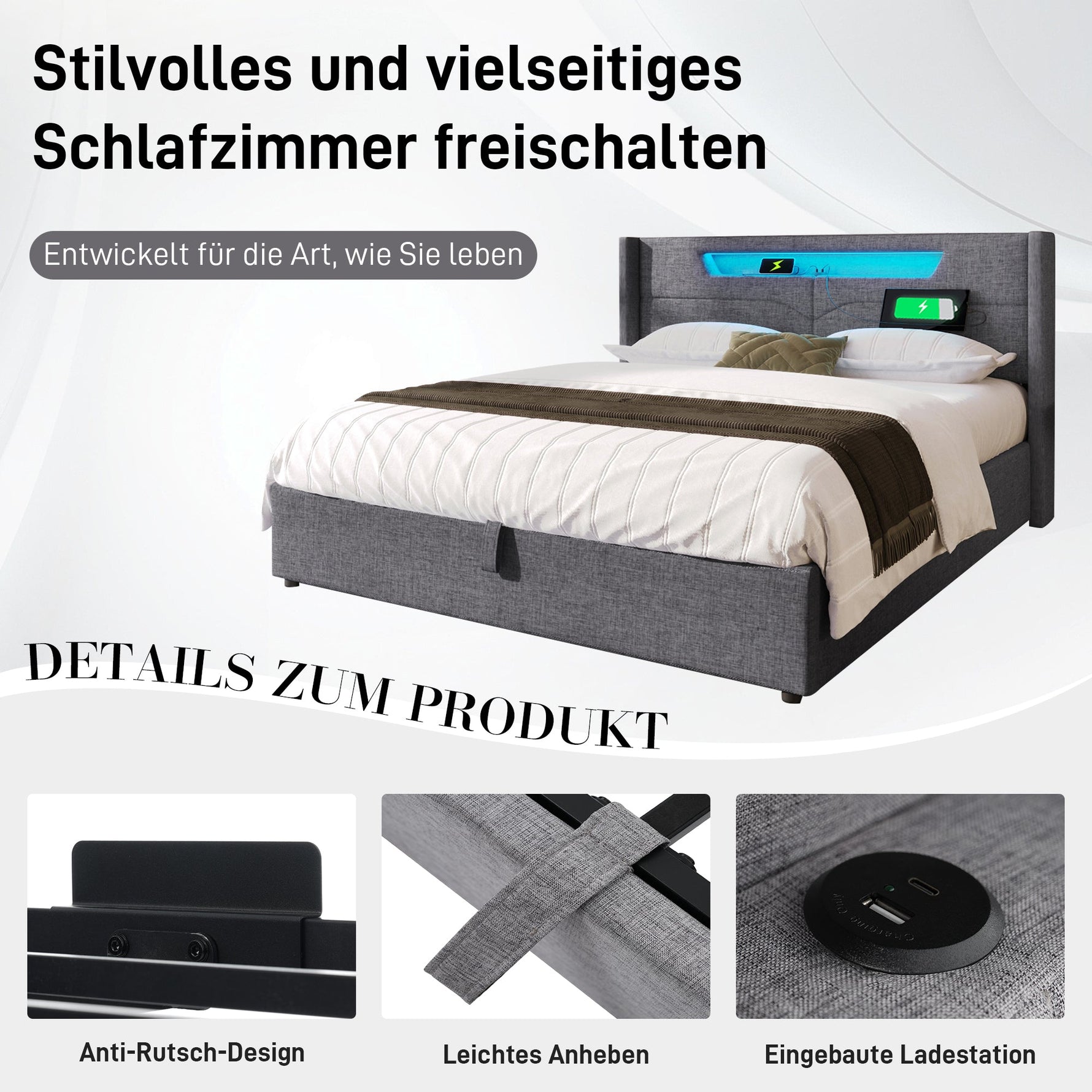 Upholstered Bed, LED Double Bed with USB & Type C Charging, Linen