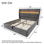 Hydraulic Double Bed 140x200cm, High Headboard LED Storage USB, Linen Look Grey