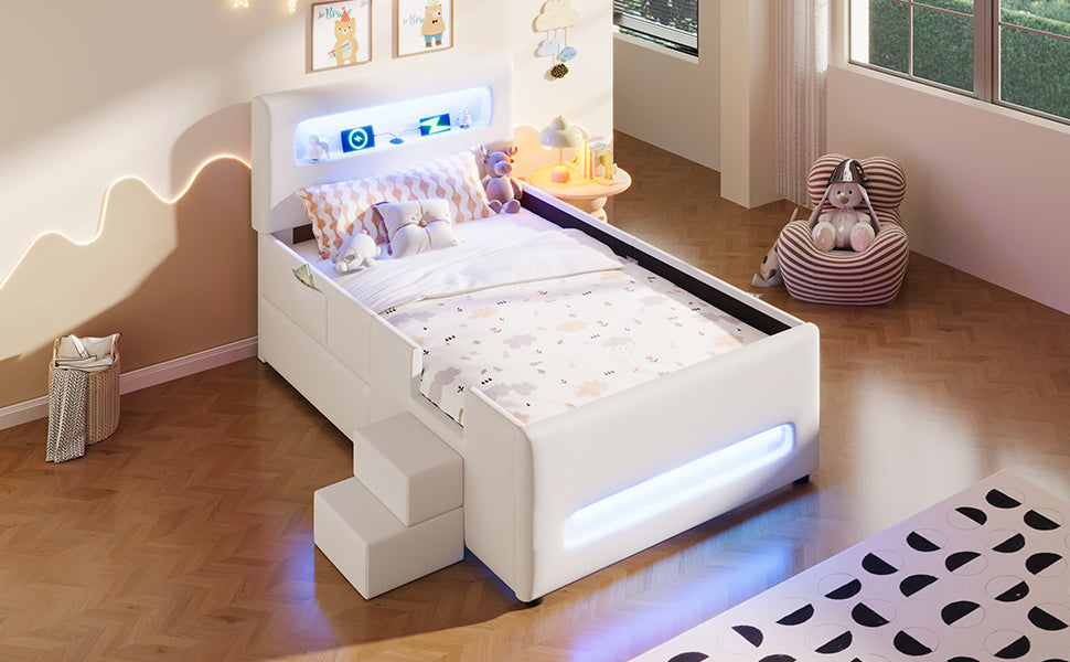 Upholstered Platform Bed 90x200cm Stairs Drawers LED USB Storage Pockets - White