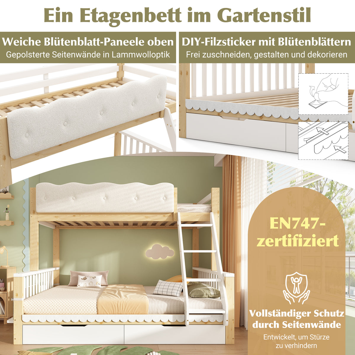 Children's Bunk Bed 90x200/140x200 with Drawers, White & Oak