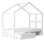 Wooden Bed with Drawers, Shoe Cabinet and LED Lighting, 90x190cm, White Wood