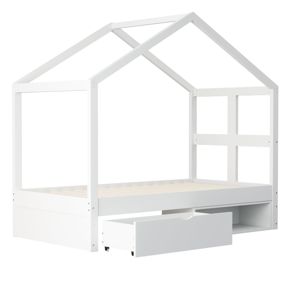 Wooden Bed with Drawers, Shoe Cabinet and LED Lighting, 90x190cm, White Wood