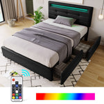 Bed Frame with LED, 2 Drawers, Adjustable Headboard, Black