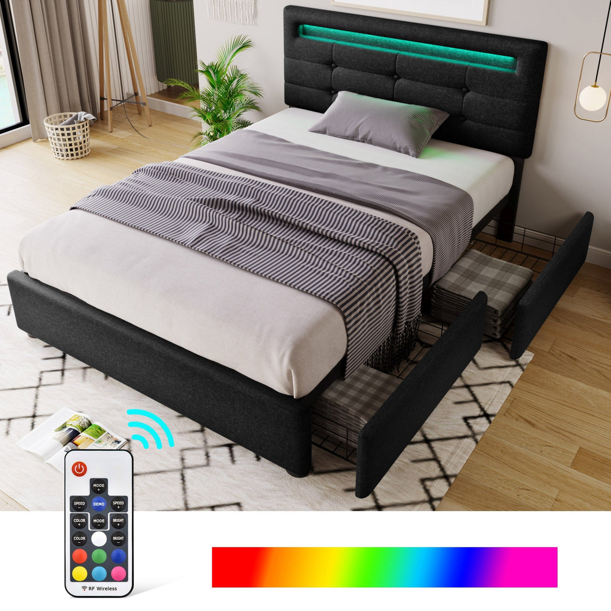 Bed Frame with LED, 2 Drawers, Adjustable Headboard, Black