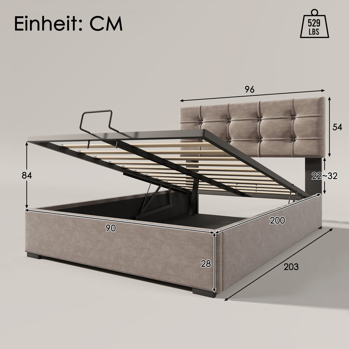 Upholstered Bed 90x200cm, Adjustable Headboard, Velvet, Light Grey