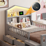 Children's Bed with 4 Drawers, LED Lights, USB and Type-C Charging Ports, 90x200cm, Grey Solid Wood