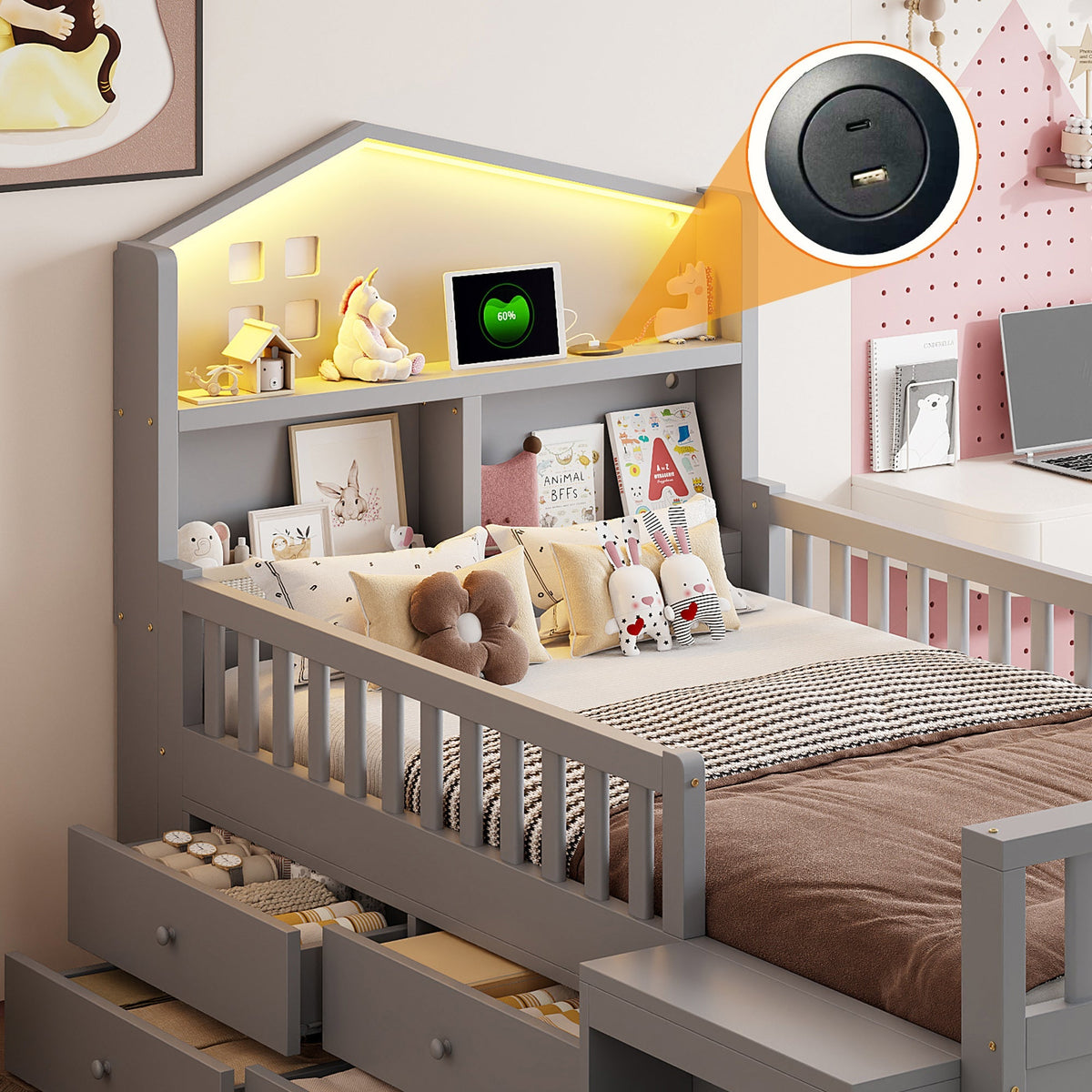 Children's Bed with 4 Drawers, LED Lights, USB and Type-C Charging Ports, 90x200cm, Grey Solid Wood