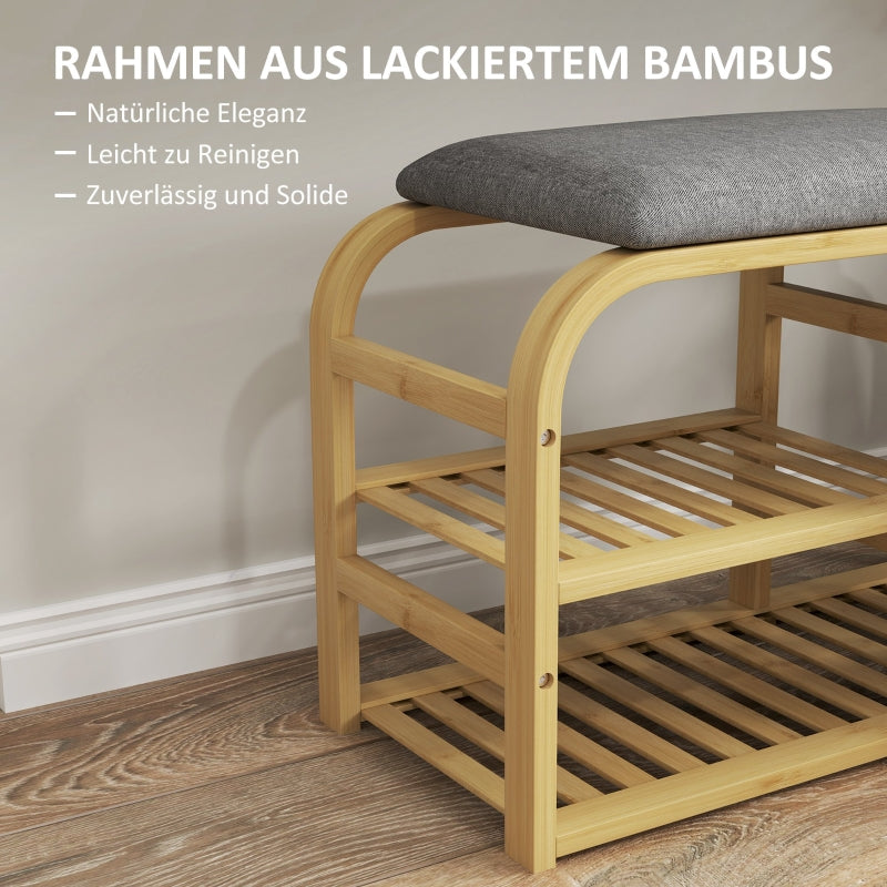 2-Tier Shoe Bench, Extendable Basket, 2 Shoe Shelves, Bamboo Grey