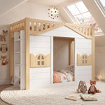 House Bunk Bed 90x200cm Loft Bed with Window, White & Natural Wood