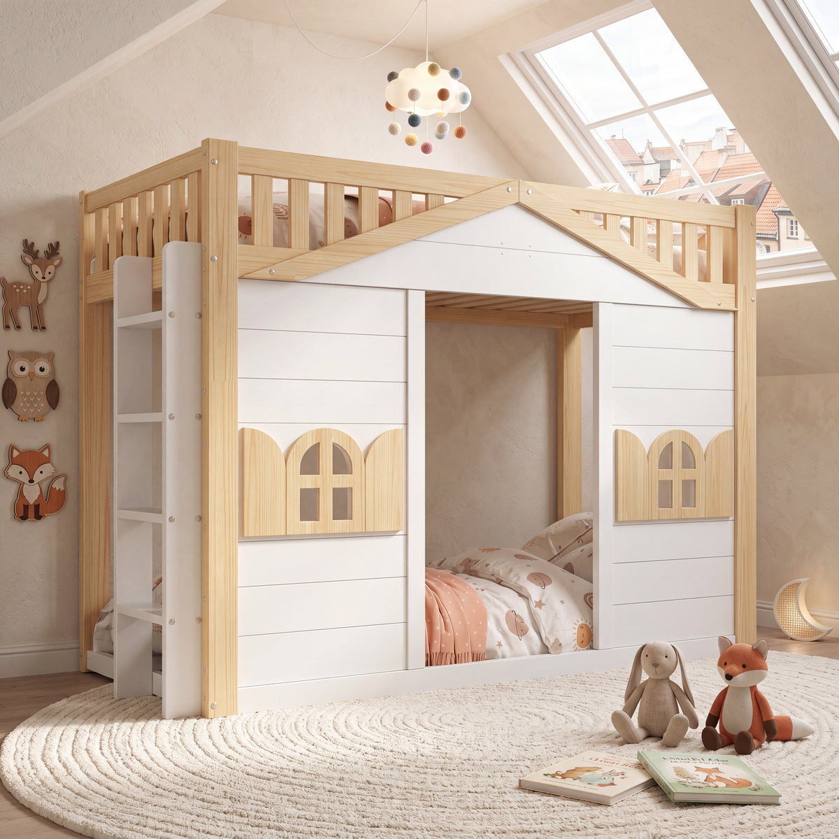 House Bunk Bed 90x200cm Loft Bed with Window, White & Natural Wood