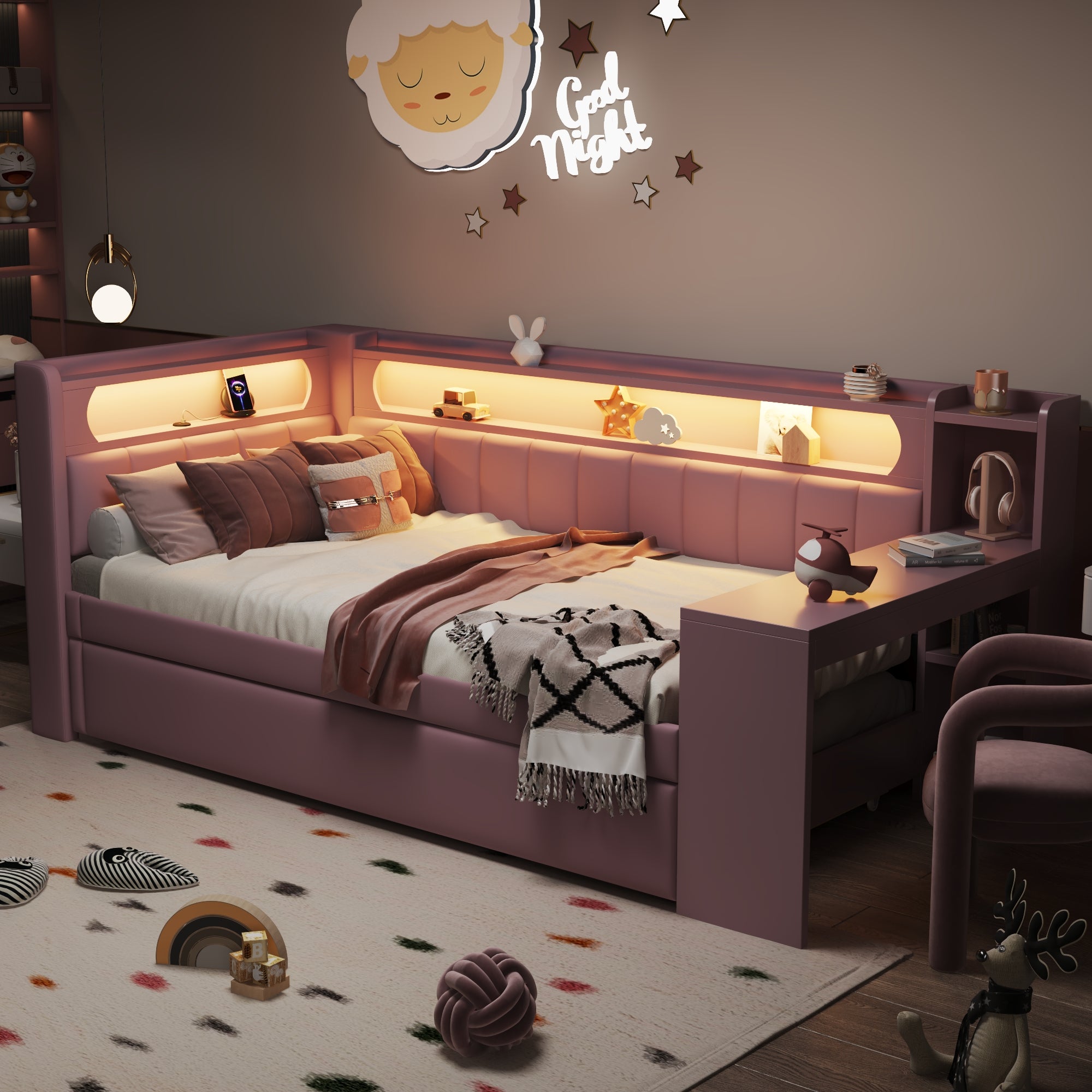 Upholstered Daybed with USB, LED, Pull-out Bed and Desk, 90x200cm, Pink