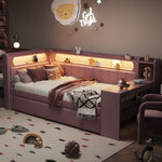 Upholstered Daybed 90x200cm with Trundle, Desk & LED, Pink