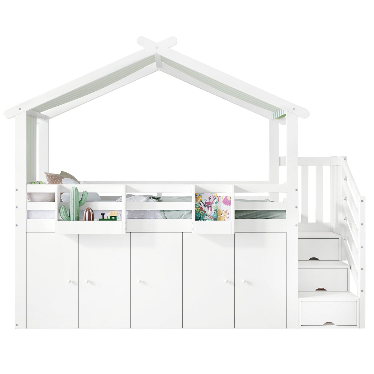 Bunk Bed, Safety Gate, Wardrobe, Lockers, Stairs, 90x200cm, White & Green Pine+MDF+Plywood