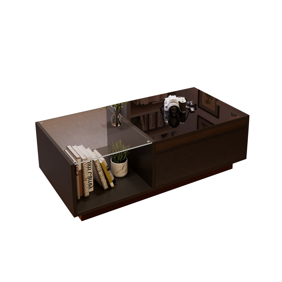 LED Coffee Table, Height-Adjustable with Hidden Storage and Shelf, High-Gloss