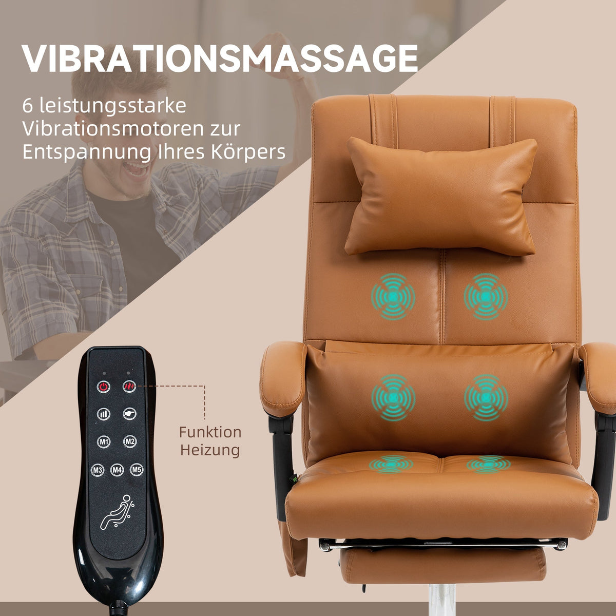 Office Chair, Massage Lumbar Heating 6-Point Faux Leather, Light Brown
