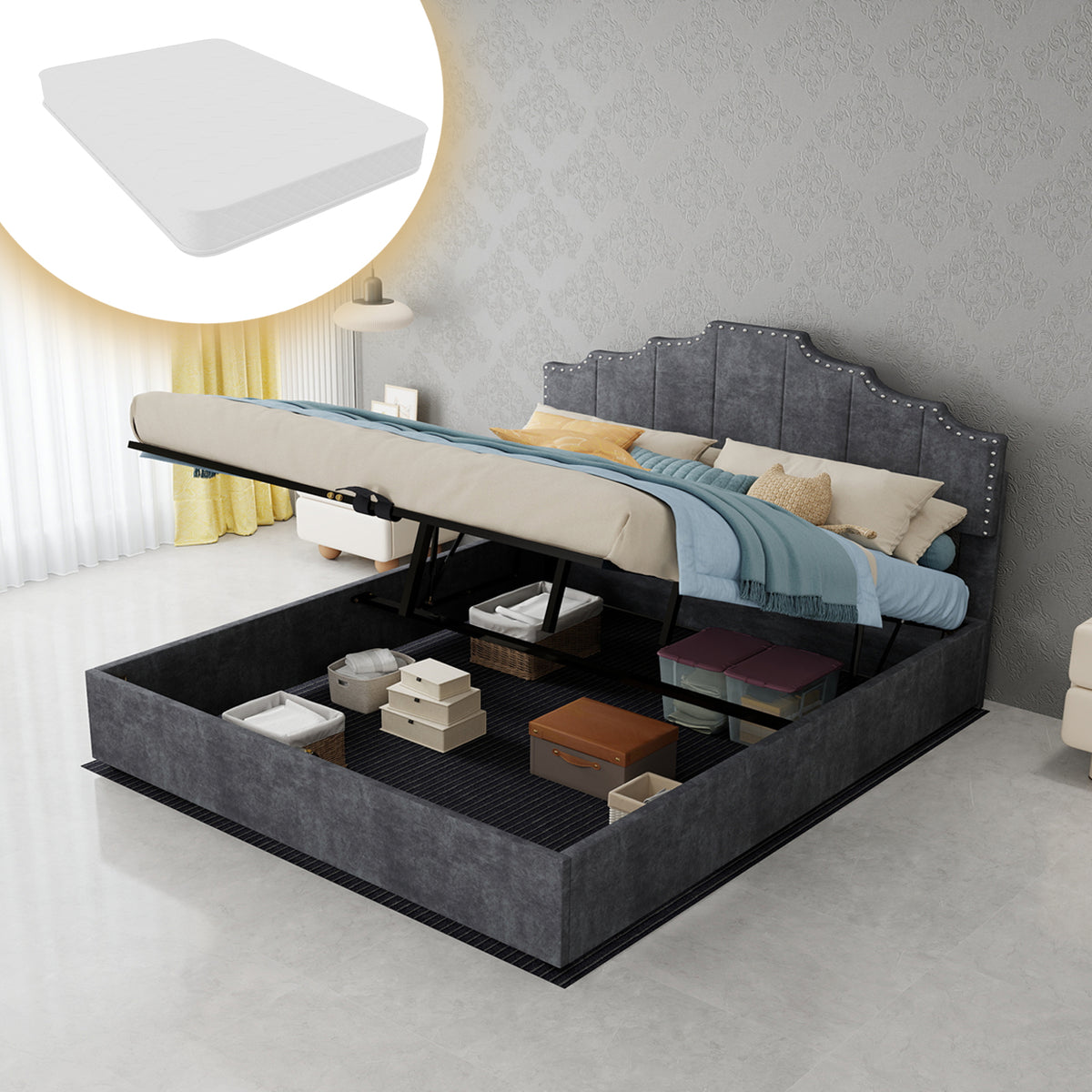 Modern Soft Bed with Mattress & Storage, 160x200cm, Gray