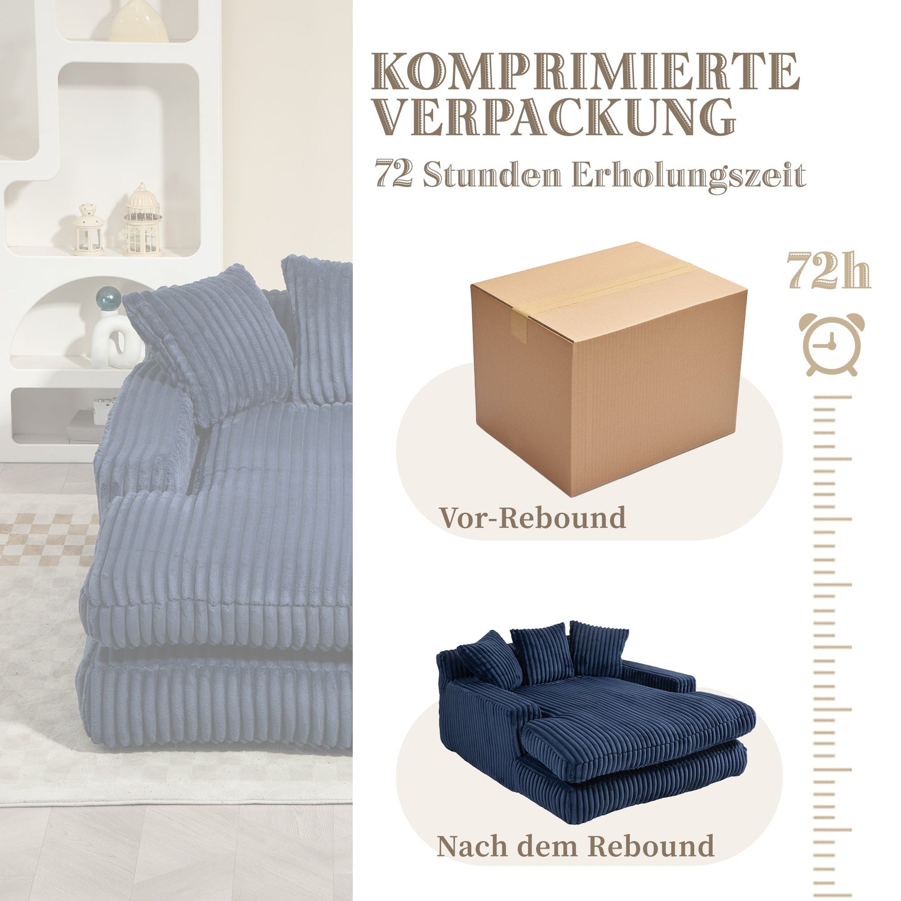 Sofa Bed, Cloud Couch with 3 Soft Pillows, Single Seat, Corduroy Navy Blue