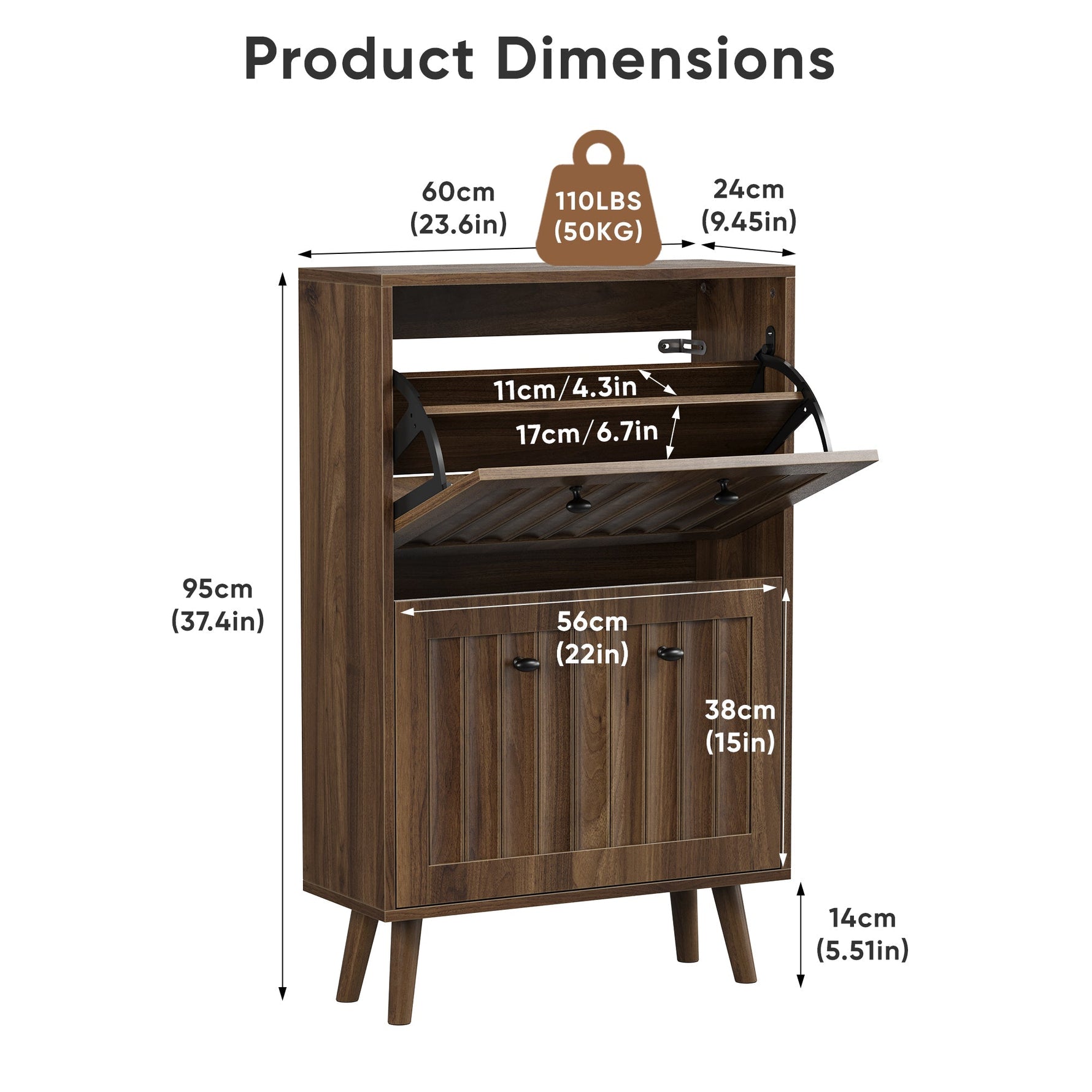 Shoe Storage Cabinet with Vertically Grooved Surface and Medieval Style, 60cm High, Walnut