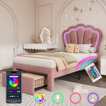 Children's Bed LED Single, 90 x 190 cm with Drawers, Adjustable Headboard, Velvet Pink