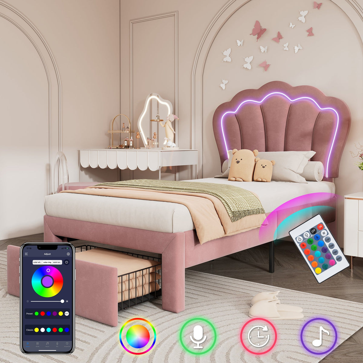 Children's Bed LED Single, 90 x 190 cm with Drawers, Adjustable Headboard, Velvet Pink