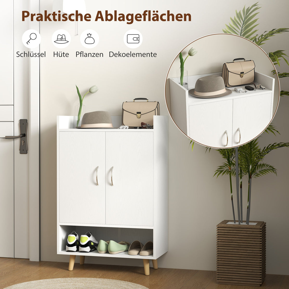 Shoe Cabinet with Doors and Shelves, Holds 12 Shoes, White Wood