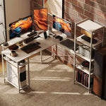 L-Shaped Gaming Desk with Shelf, Monitor Stand, Power Outlet, USB Port, White