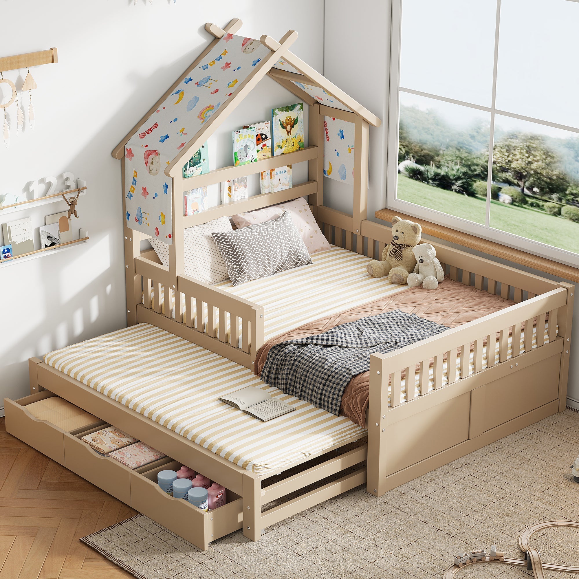 Wooden House Bed with Pull-out Bed, 3 Drawers and Safety Rails, 140x200cm, Cream
