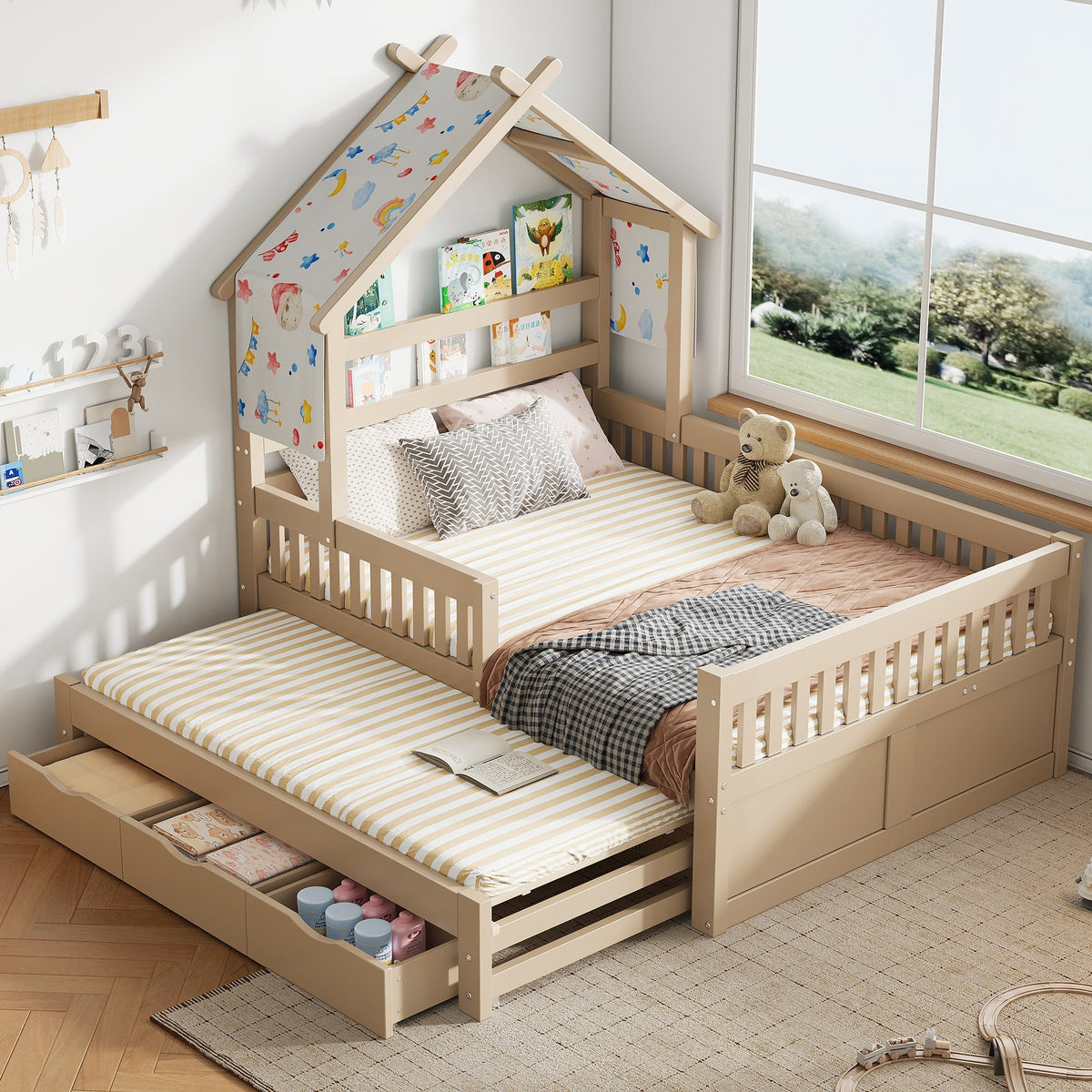 Wooden House Bed with Pull-out Bed, 3 Drawers and Safety Rails, 140x200cm, Cream