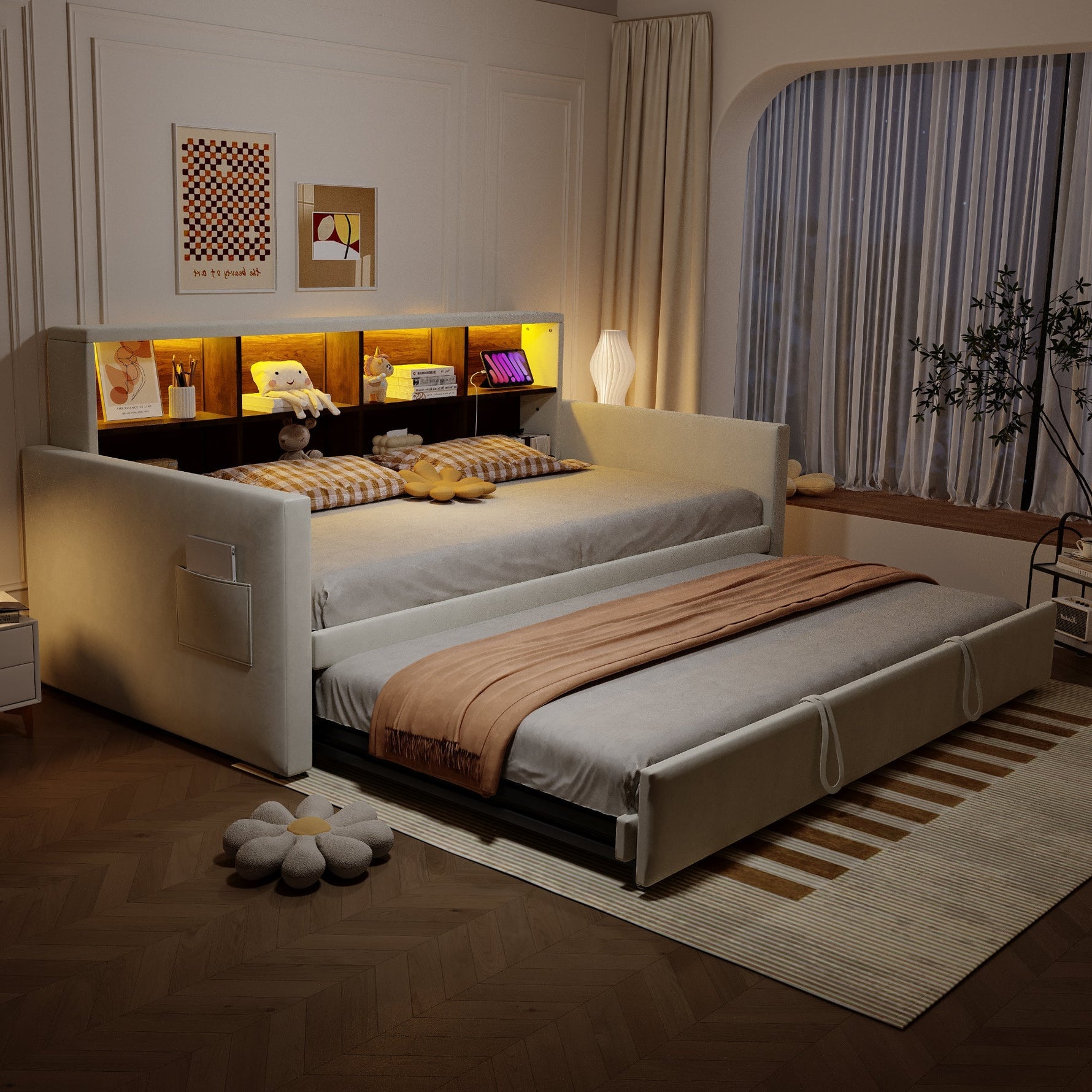 Upholstered Sofa Bed 90x190cm with Storage Headboard, LED and Charging Ports, Beige Velvet