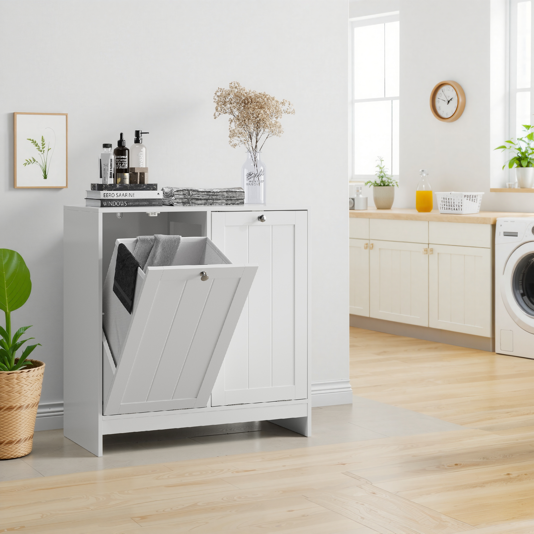 Tilting Laundry Basket Cabinet with Removable Hamper and Storage, Freestanding Bathroom Organizer, White MDF