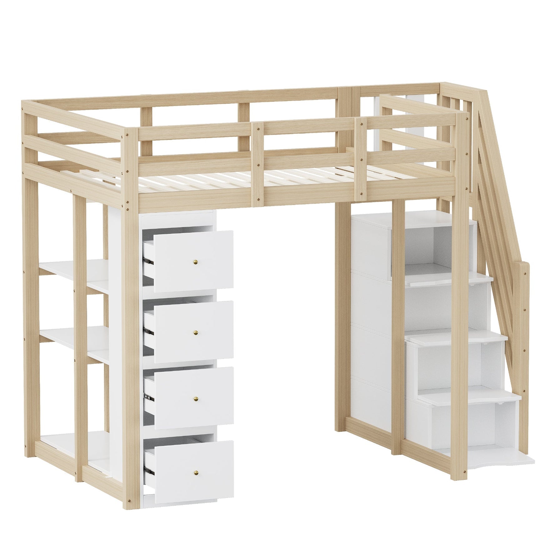 High Loft Bed with 4 Drawers and Storage Shelves, White and Natural Wood Color