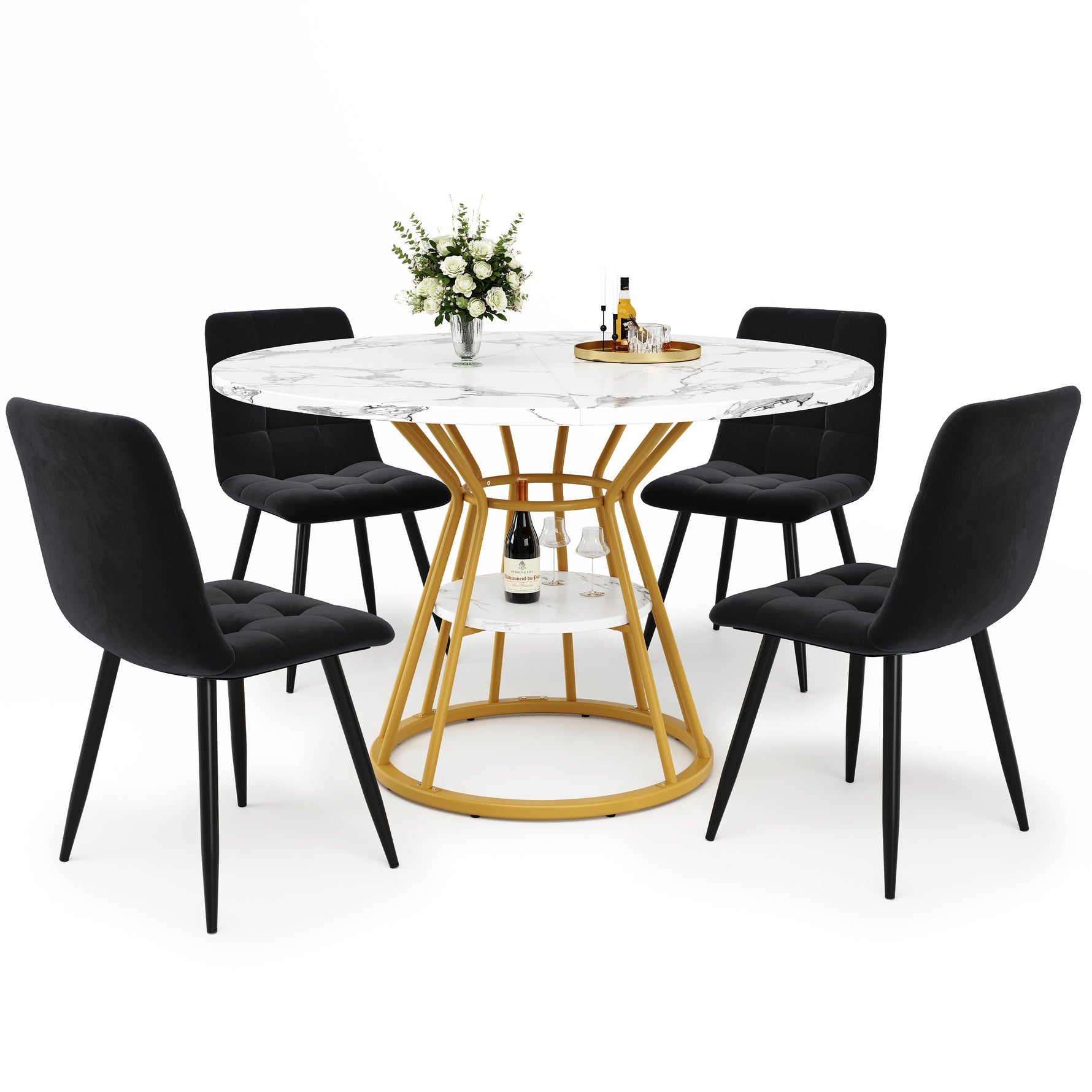5-Piece Round Dining Table Set with 4 Velvet Chairs and Marble Top, Black