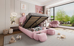 Upholstered Bed Hydraulic Storage, Bunny Ears LED Strips, 140x200cm, Stools, Velvet Pink