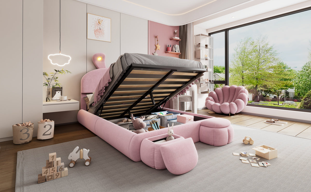 Upholstered Bed Hydraulic Storage, Bunny Ears LED Strips, 140x200cm, Stools, Velvet Pink