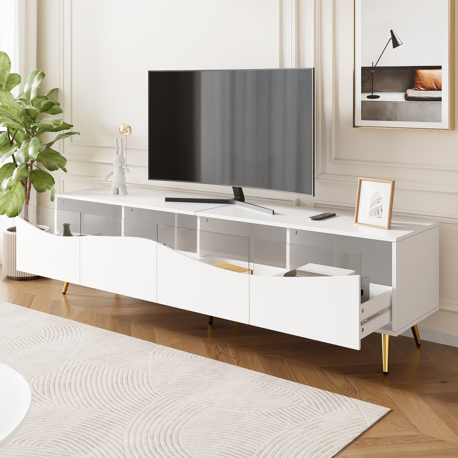 Modern TV Cabinet 180x50cm LED Lighting Glass Front Storage Lowboard White Gold Metal