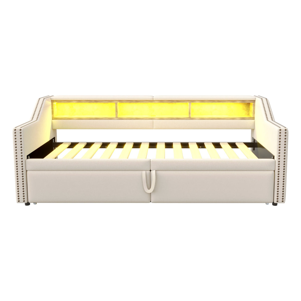 Upholstered Bed, Pull-Out Sofa Bed with Storage, LED & USB, Beige