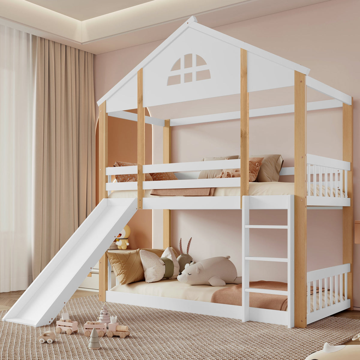 Bunk Bed with Slide & Ladder, House Bed with Fences, Solid Wood, White+Natural, 90x200cm