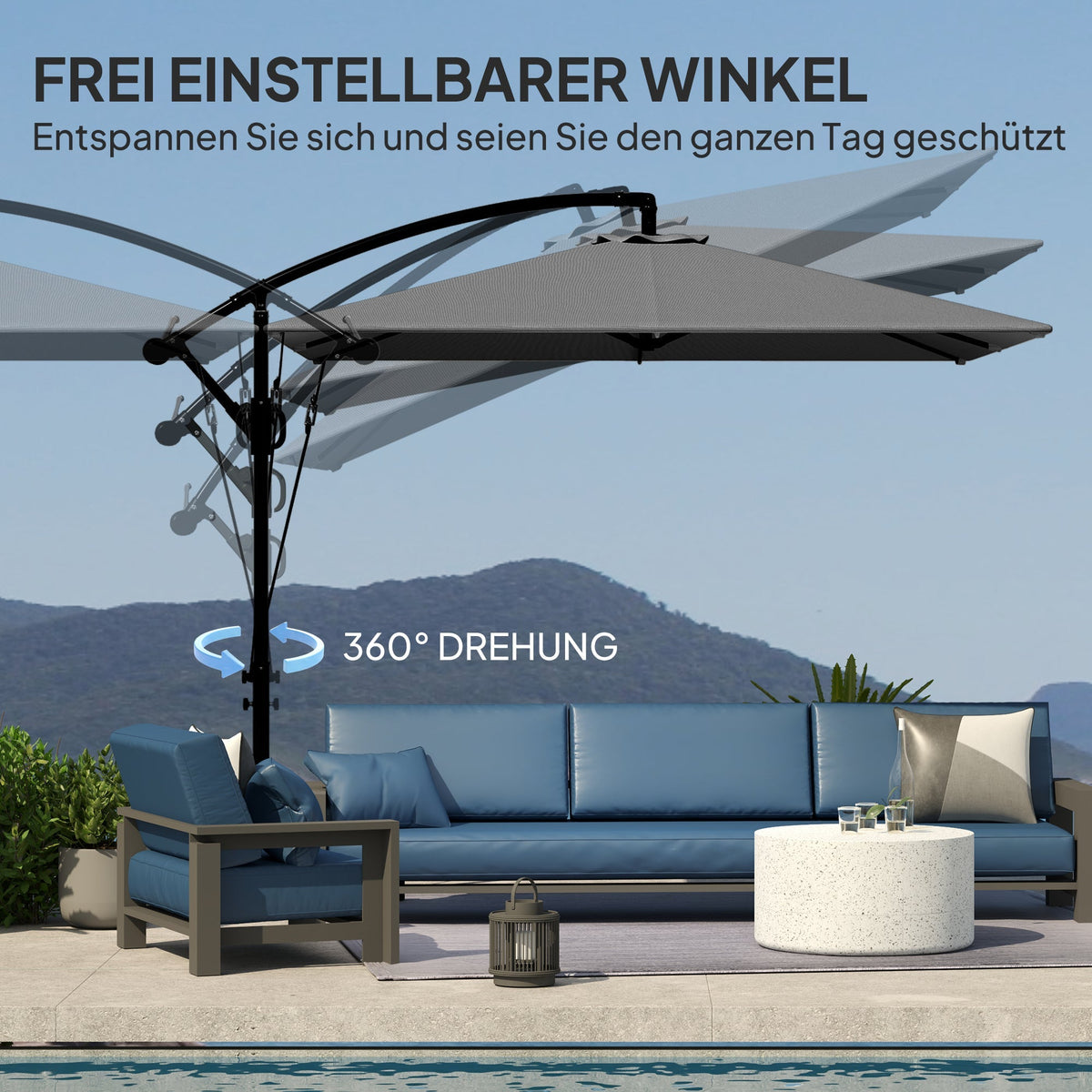 Cantilever Parasol Ø260 cm UV 50+ Water-Repellent, Tiltable, Grey