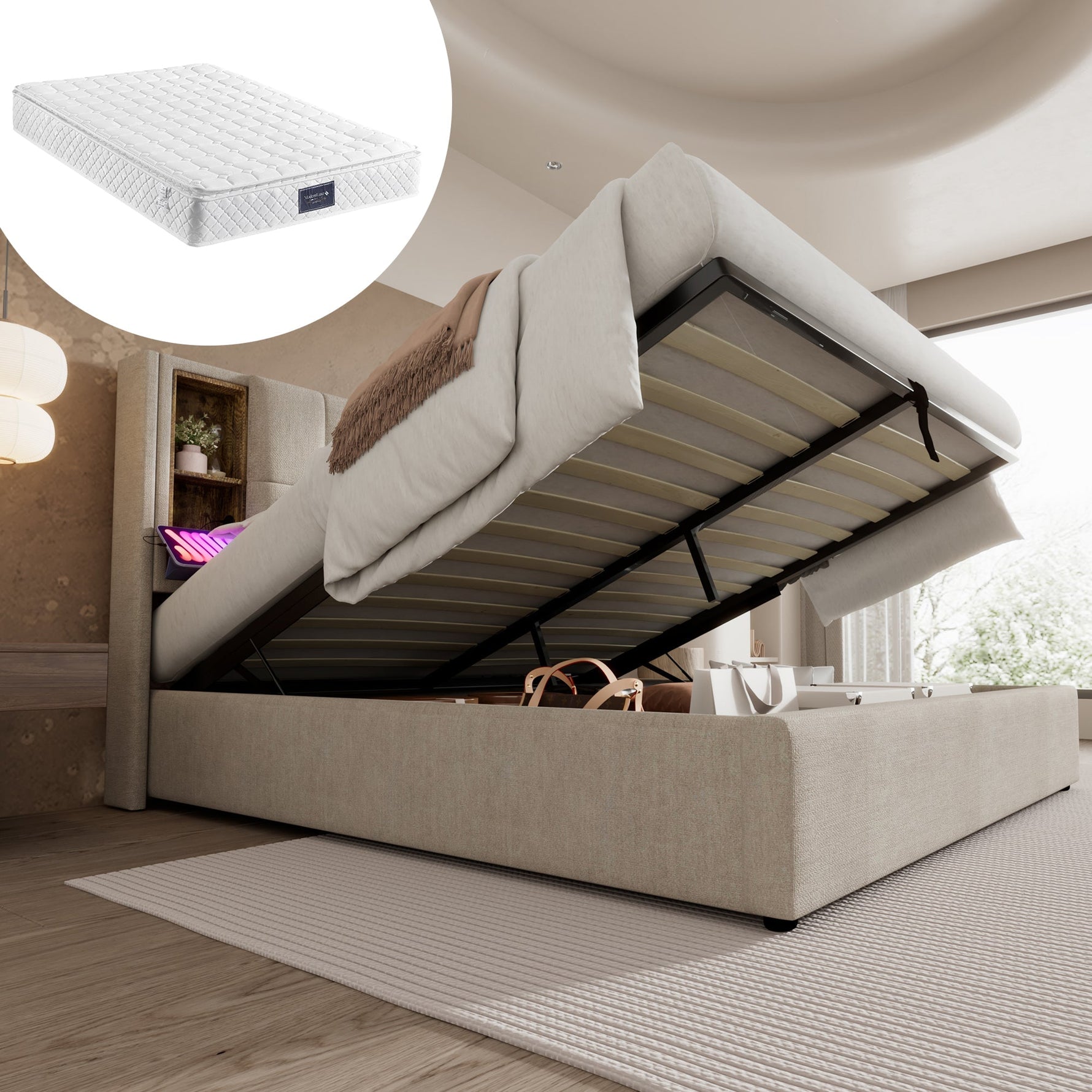 Double Bed, Wireless Charging USB C, Storage, 140x200cm, Wood-Natural Linen