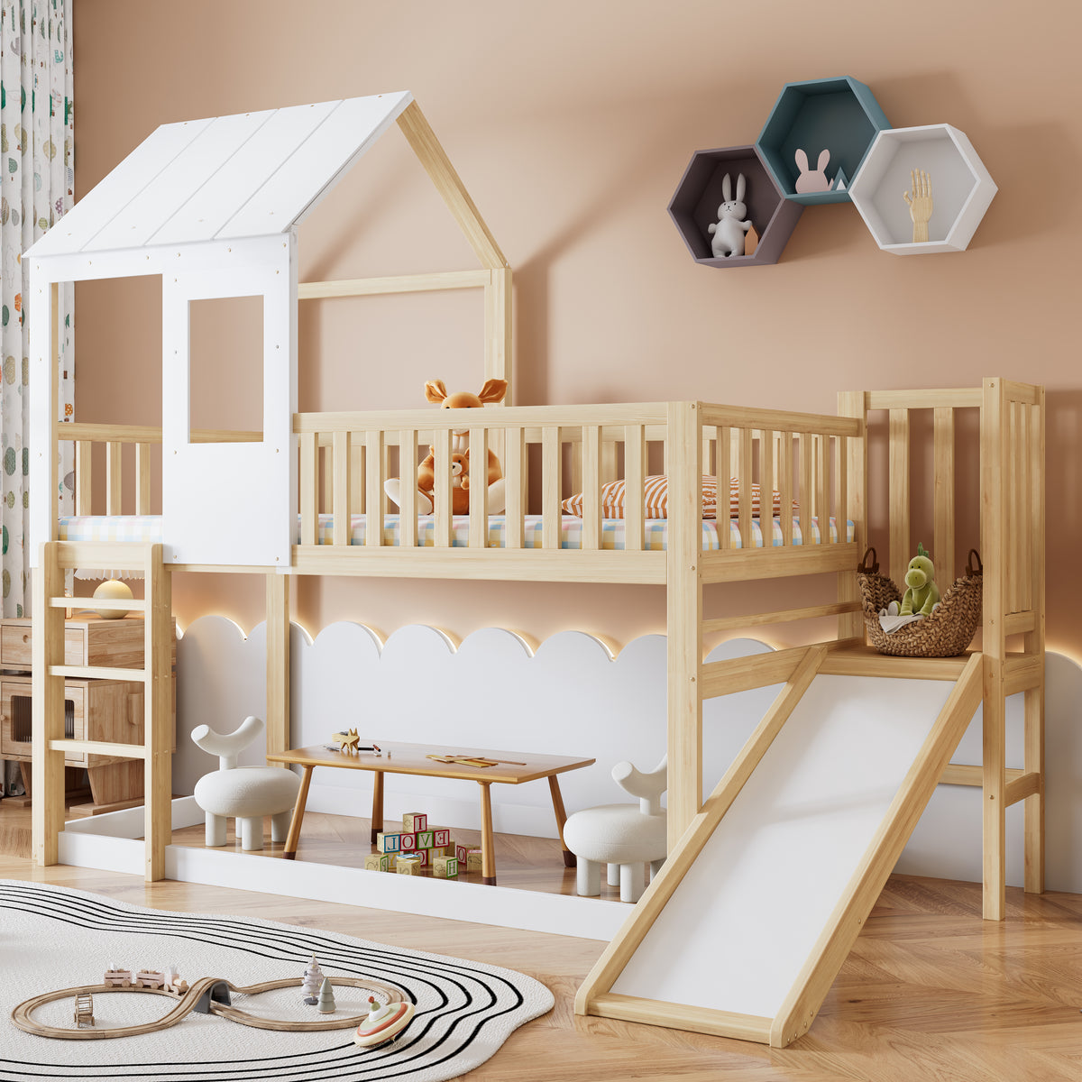 Children's Bed with Roof Design & 2 Drawers - 90x200cm, Wood & MDF