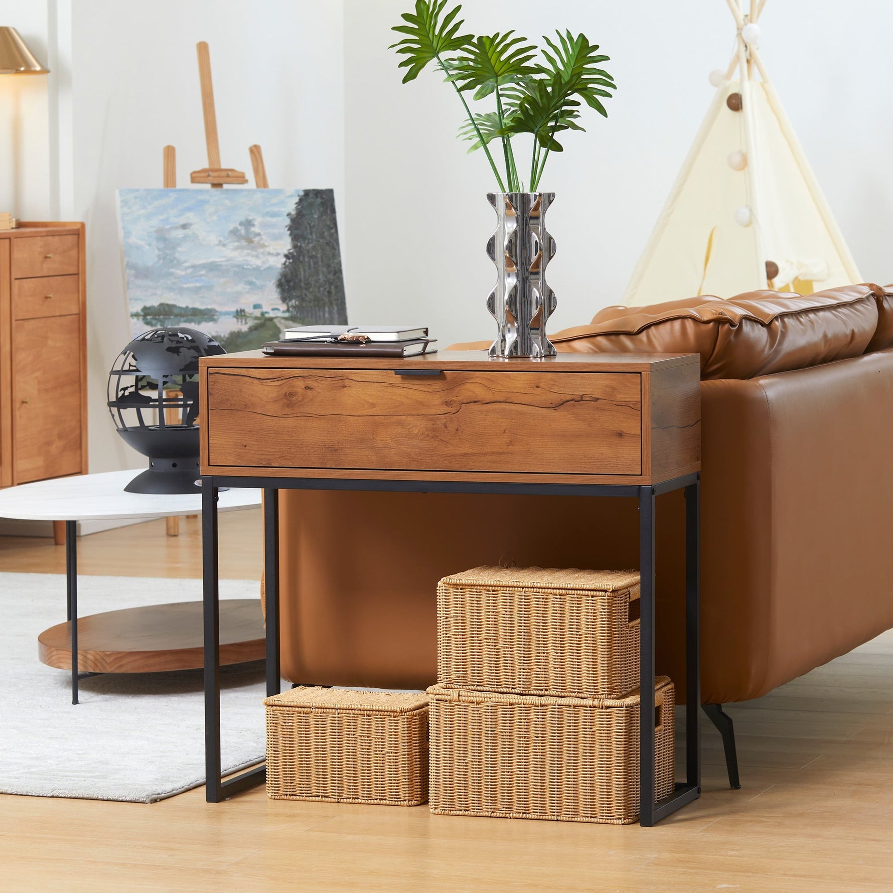 Console Table with Drawer, Sofa Hallway Side Table 80x30x76cm, Natural Wood/Steel